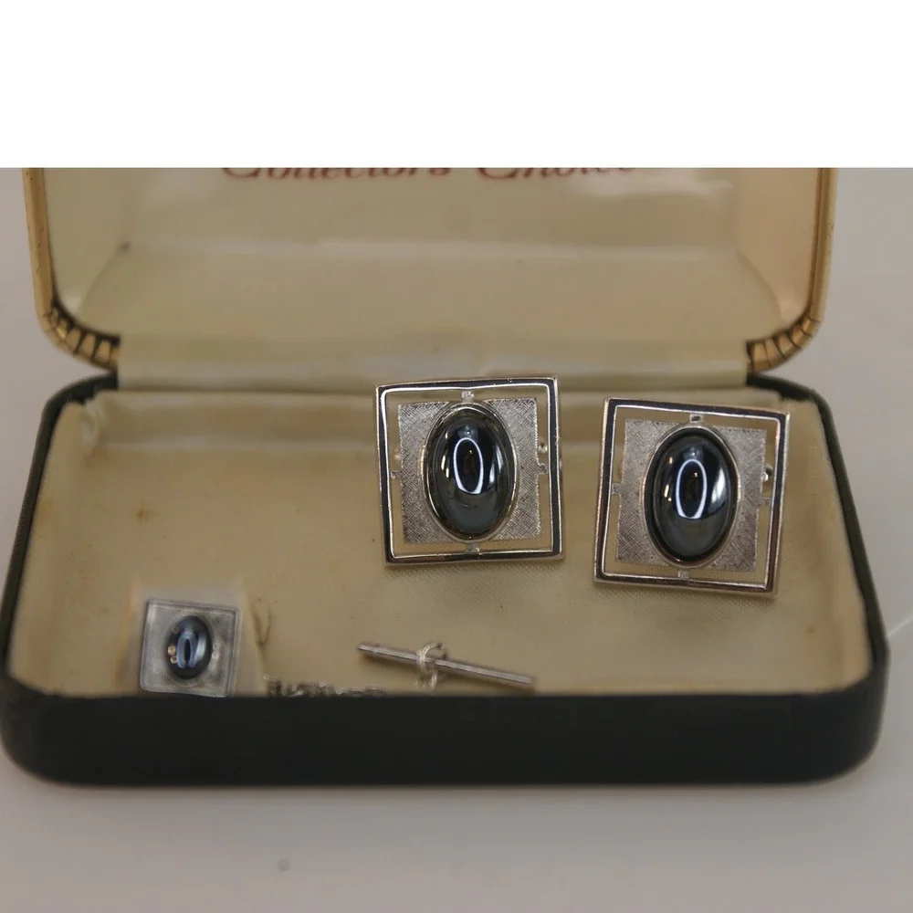 Vintage Sears Collectors Choice Mens Cufflinks & Tie Tac Silver Tone Black Stone